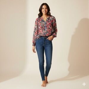 Christopher & Banks V Neck Blouse Womens Medium Red Floral Print Business Chifon